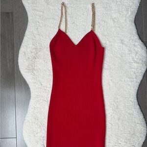 Michael Kors Gold Chain-Link Red Midi Dress